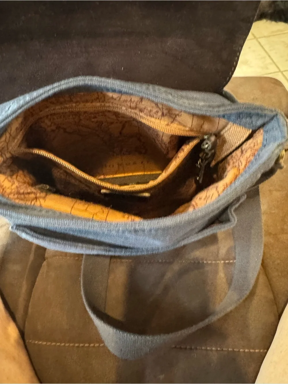 Unisex Brown Leather and blue canvas Messenger Bag - patricia nash
